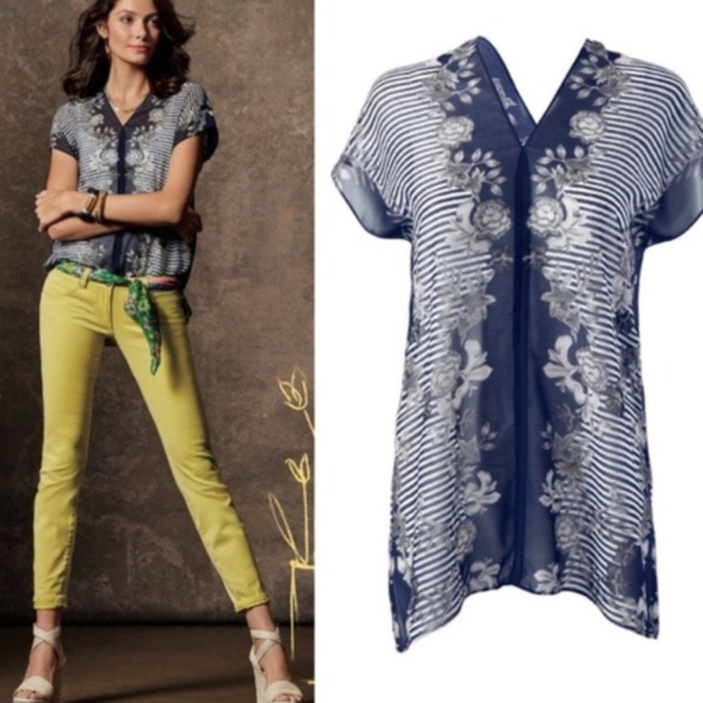 Cabi Yacht Blue/White Sheer Top